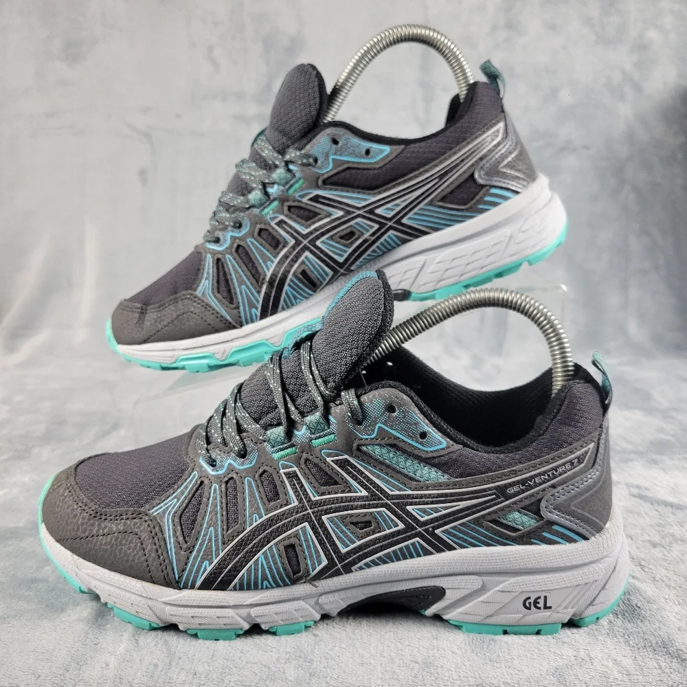 Asics Gel Venture 7 Black Blue Trail Running Shoes Womens Size 7 1012A682